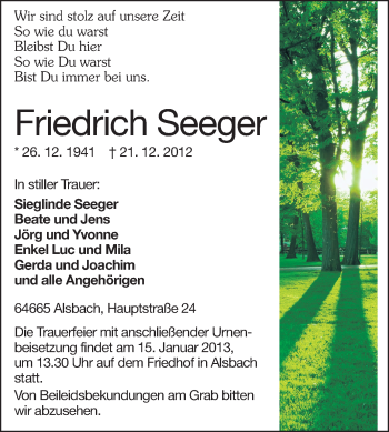 Traueranzeige von Friedrich Seeger von Darmstädter Echo